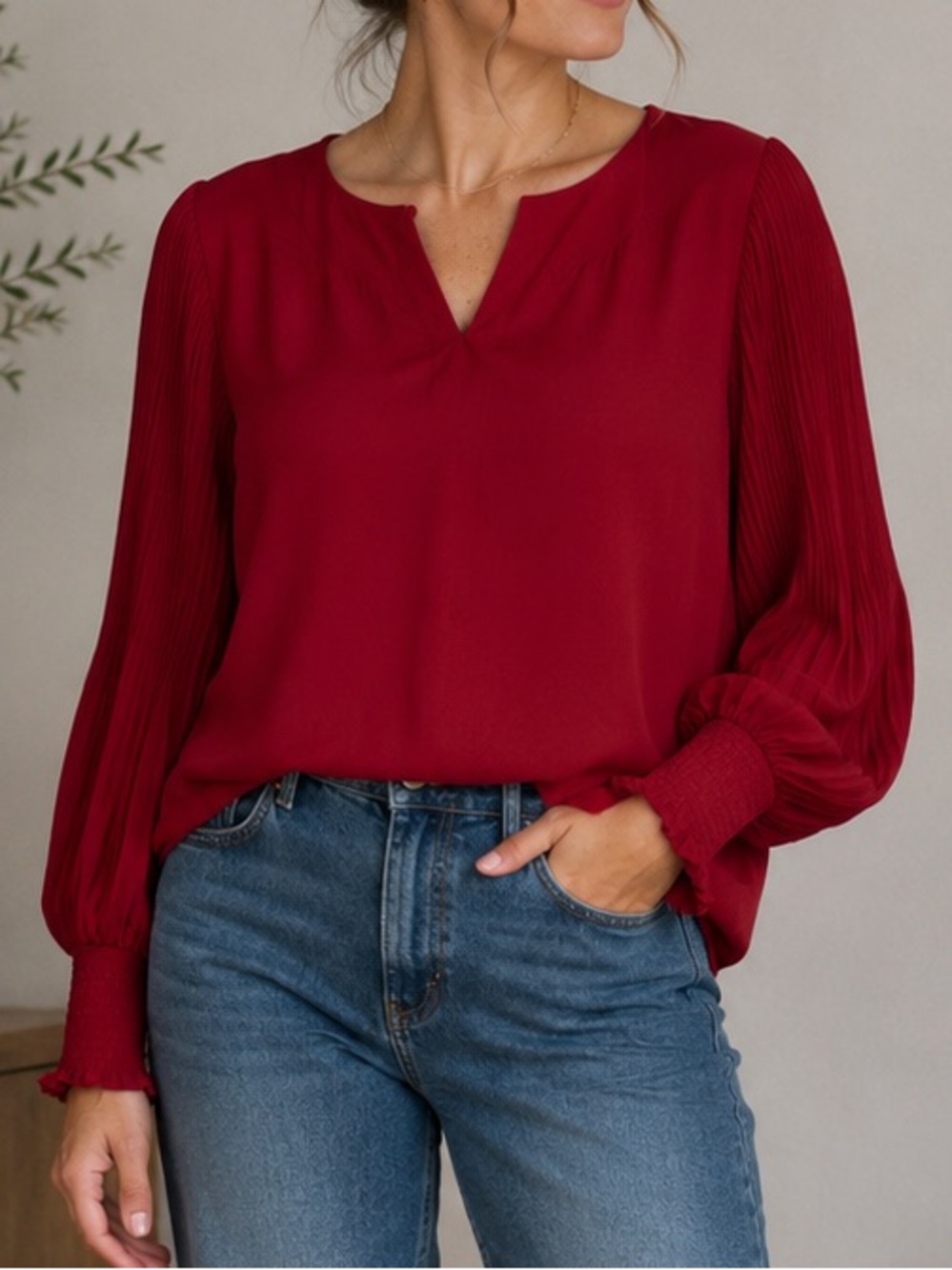 Women's Split-Neck Pleated Sleeve Blouse in Deep Red
